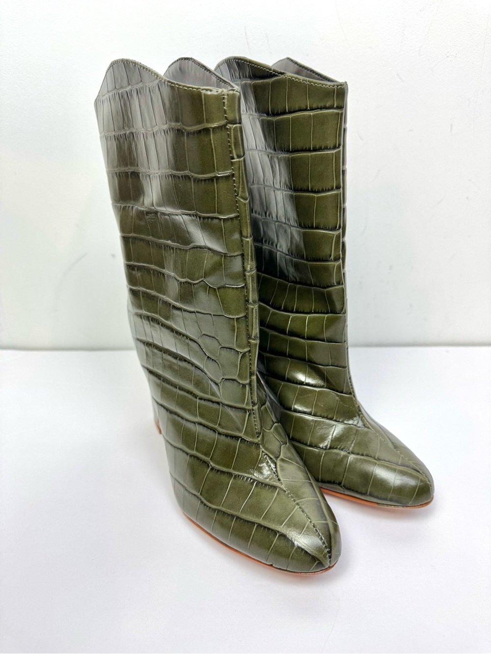 Schutz Gabrielle Olive Green Croc-Embossed Leather Boots Size 8 B - Picture 3 of 8